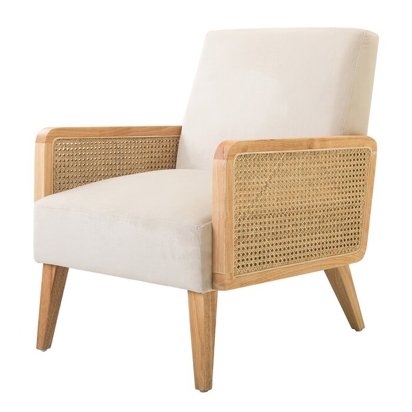 linen chair with wicker sides and light wood legs 
