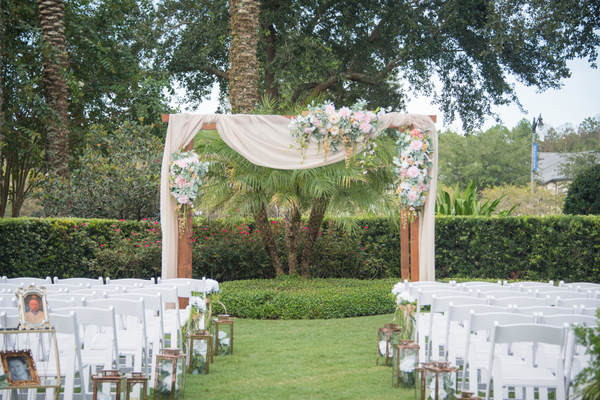 Stained pergola for florals and drapes