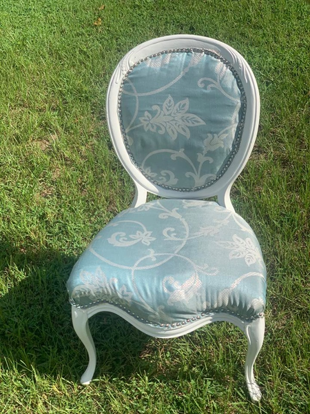Blue Victorian white wood trimmed chairs