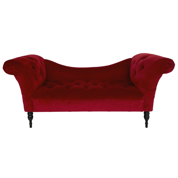 Vintage velvet tufted ruby red assymetrical sofa with wood legs 