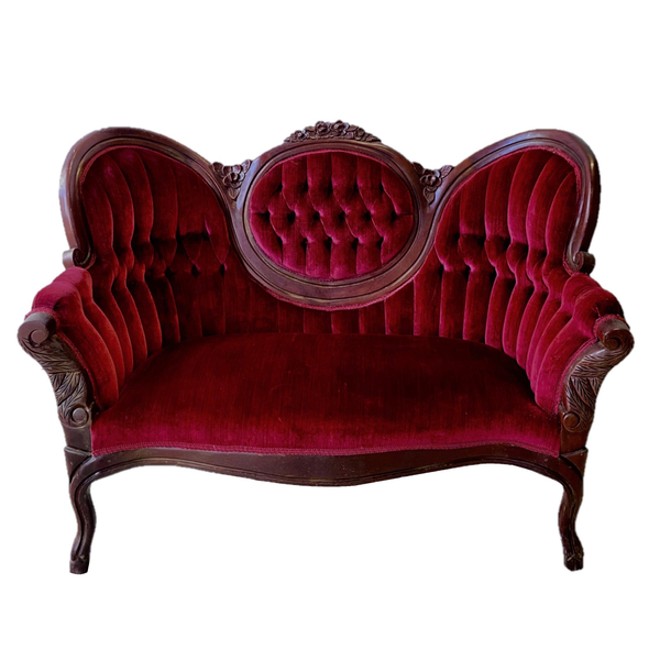 Vintage velvet tufted burgundy red loveseat with dark brown wood accents