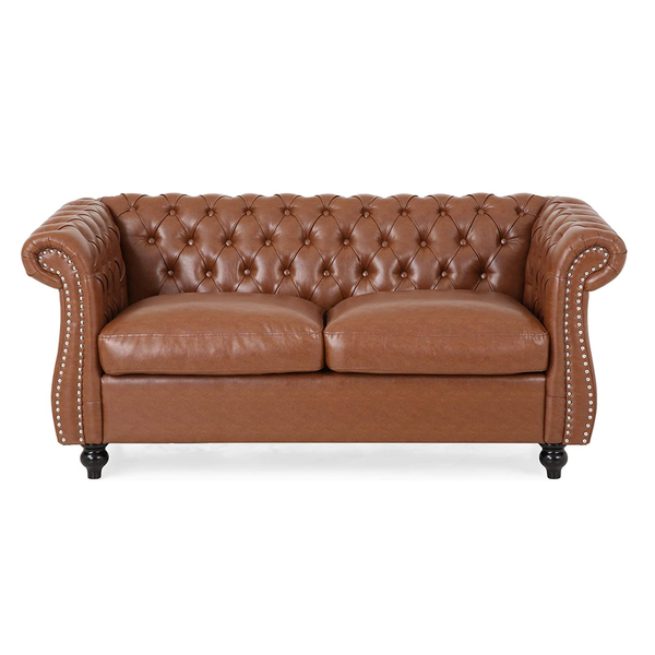 Vintage Mid-century leather tufted brown loveseat with wood legs