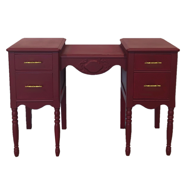 Vintage burgundy red rectangular dresser accent table with gold accents