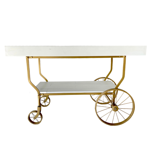 Modern vintage white wood rectangular tea cart with gold accents