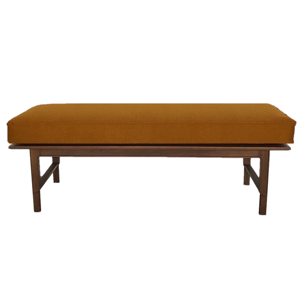 Mid-century linenrust burnt orange bench with brown wood legs 