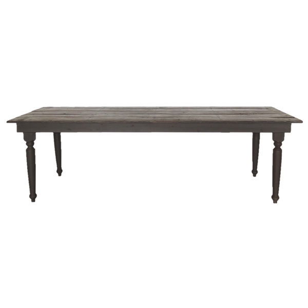 Dark wooden rectangular brown farm house farm table with dark brown wooden turned legs