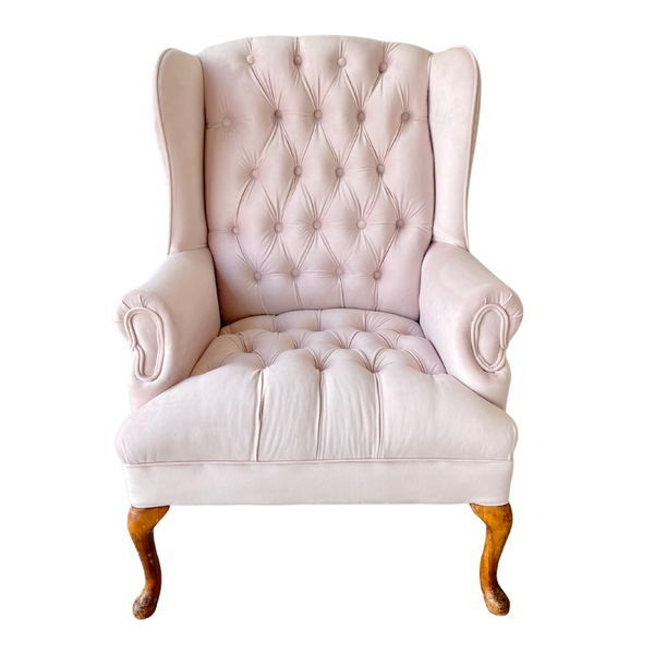 Vintage velvet tufted blush pink arm chair with wood legs