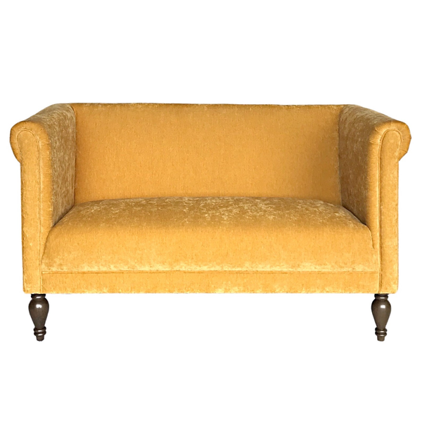 Vintage velvet tufted mustard yellow loveseat with wood legs