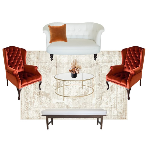 lounge set with ivory beige loveseat with a gold round coffee table with vintage velvet orange arm chairs with wood legs on either side of the coffee table on a beige ivory rug with a wood bench. 