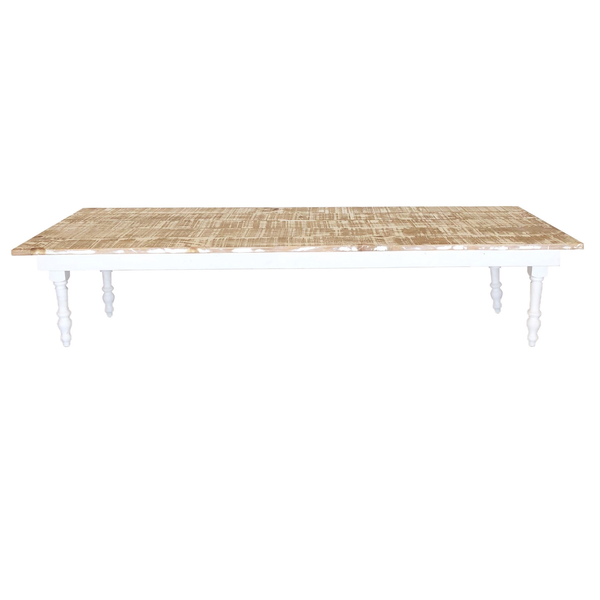 Wooden white distressed rectangular farmhouse boho picnic table with white wooden turned legs