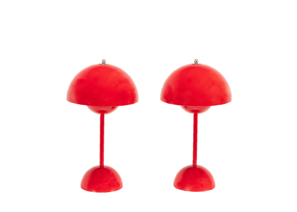 pair of red tabletop lamps available to rent for events