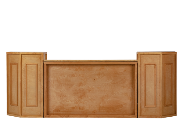 light wood shadowbox bar with white columns and light wood top 