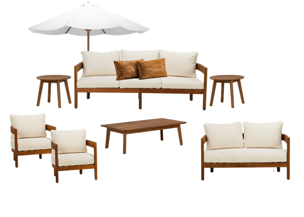 Collection of outdoor furniture featuring wooden frames and white cushions