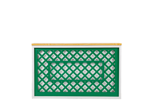 white shadowbox bar with green lattice insert and light wood top 