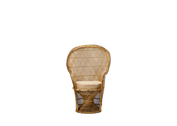 small wicker peacock chair with a neutral cushion 