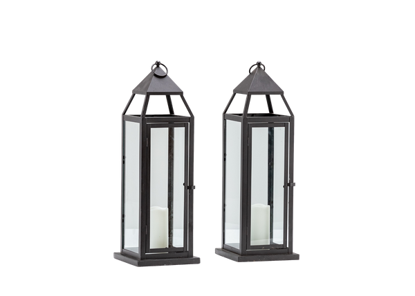 pair of medium sized black metal and glass lanterns