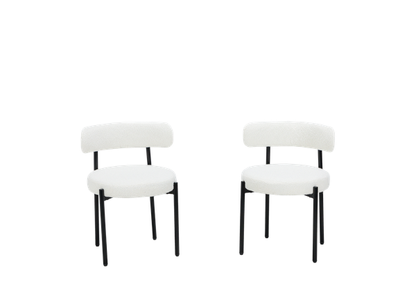 white upholstered chairs with black metal frame and legs