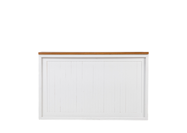 white shadowbox bar with white beadboard insert and wood top 