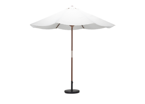 neutral patio umbrella with wood pole and black base