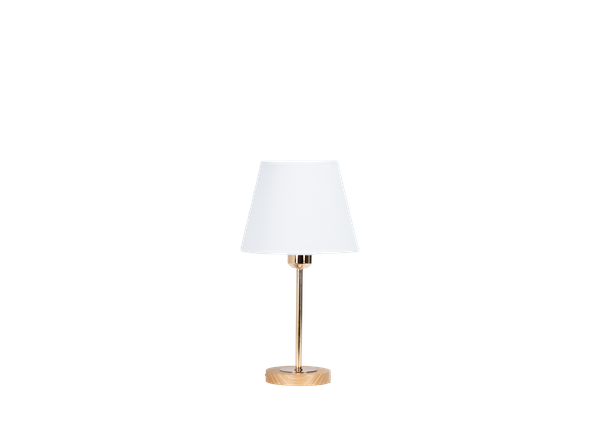 small white tabletop lamp with gold and wood base