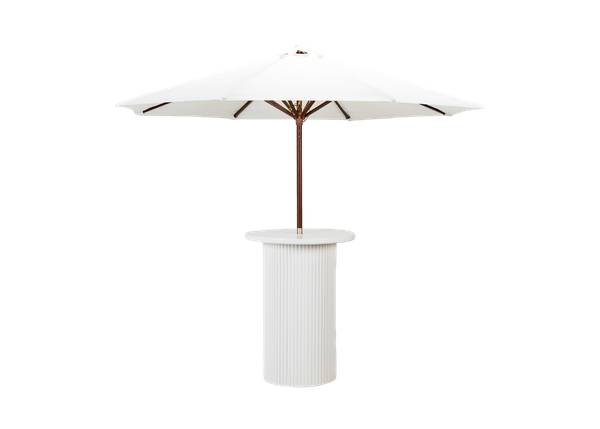 white textured cocktail table with round top and white umbrella 