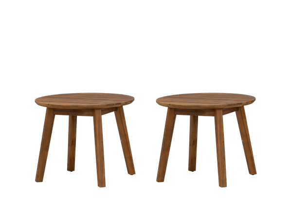 pair of round wooden end tables with 4 wooden legs 