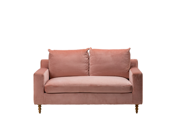  light pink velvet couch with light wood feet