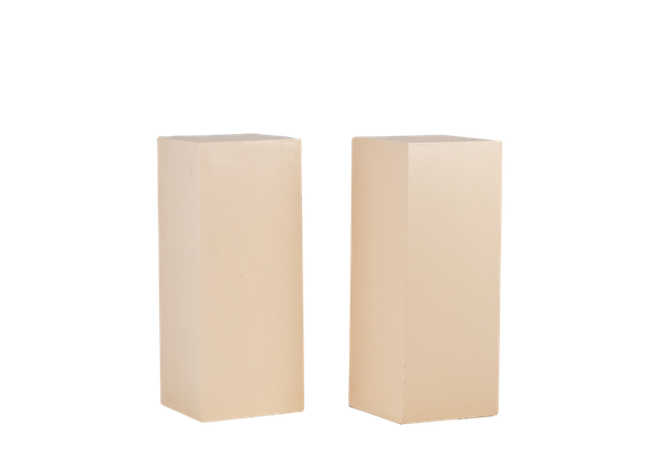 pair of 40" peach wooden pedestals with a square top and base 