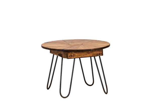 contemporary coffee table with metal legs and a round wooden top