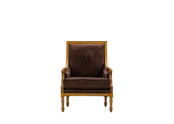 brown velvet armchair with wood trim