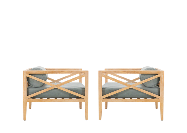 side view of pair of light wood armchairs with dusty blue velvet cushions as event rentals