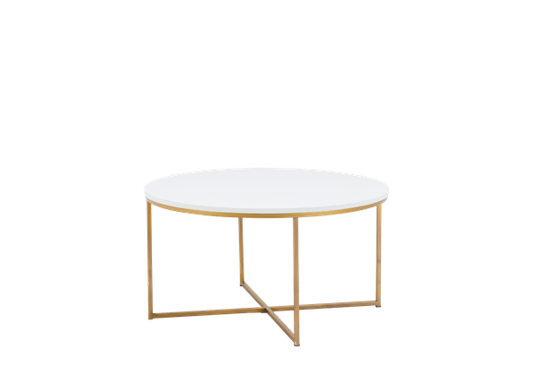 round coffee table with white top and gold legs