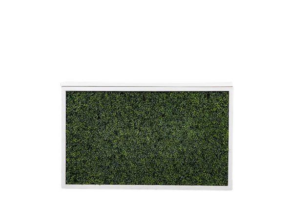 white shadowbox bar with green hedge insert and white top