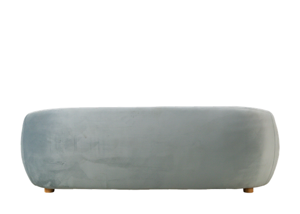 back view of curved dusty blue velvet sofa event rental