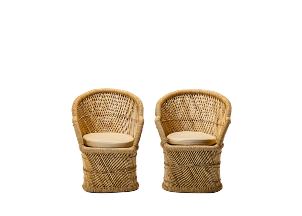 pair of wicker peacock chairs with neutral cushions 