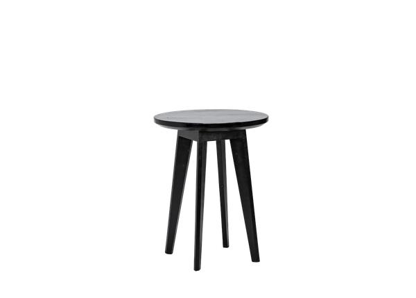 black cocktail table with 4 legs and a round tabletop 