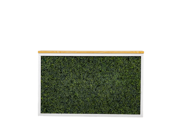 white shadowbox bar with hedge insert and light wood top 