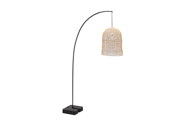 Black Freestanding Pendant Stand with Large Rattan Chandelier