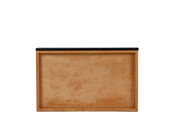 light wood shadowbox bar with black top and open front