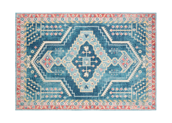 blue pink red patterned rug 