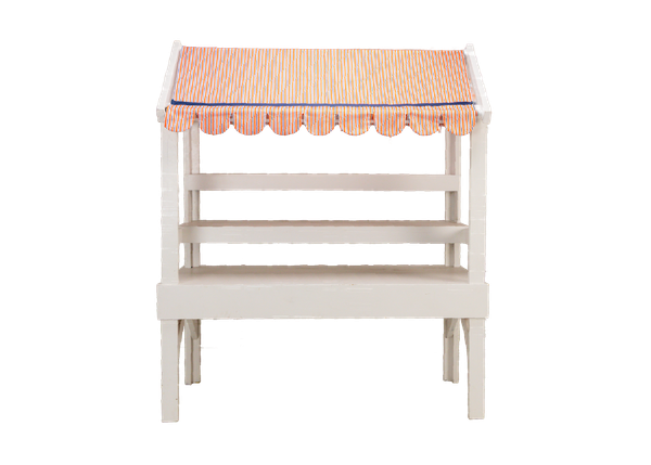 freestanding three-tier display shelving rental with orange-and-blue striped awning
