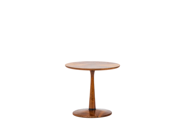 midcentury modern wood end table with a round top and a round base 