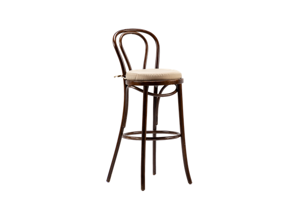 brown wood bentwood style barstool with neutral cushion