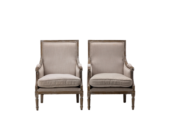 pair of gray upholstered neutral armchairs with wood trim and legs