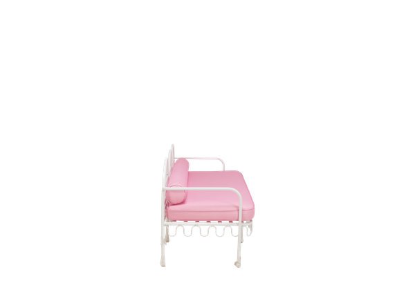 side view of unique white curved metal sofa rental with pink cushions