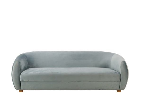 curved dusty blue velvet sofa event rental