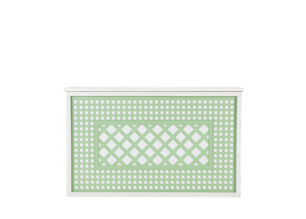 white shadowbox bar with a light green lattice insert and white bar top