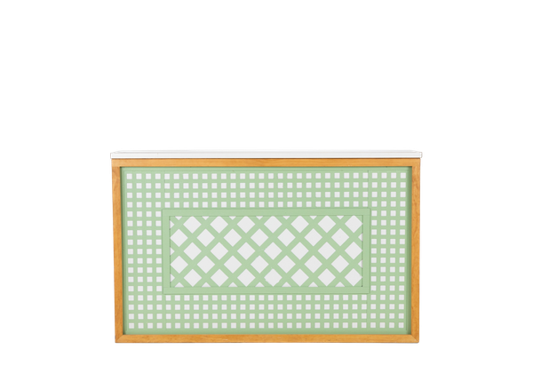 light wood shadowbox bar with a light green lattice insert and a white bar top