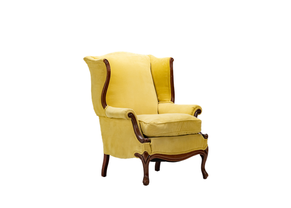 yellow wingback chair with wood trim and feet