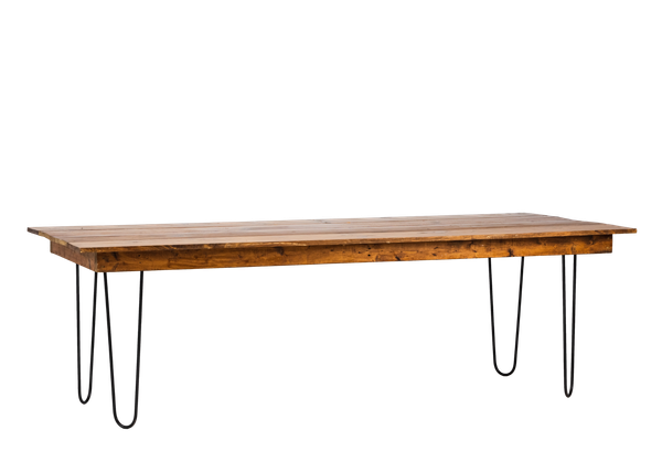 wooden dining table with metal hairpin legs